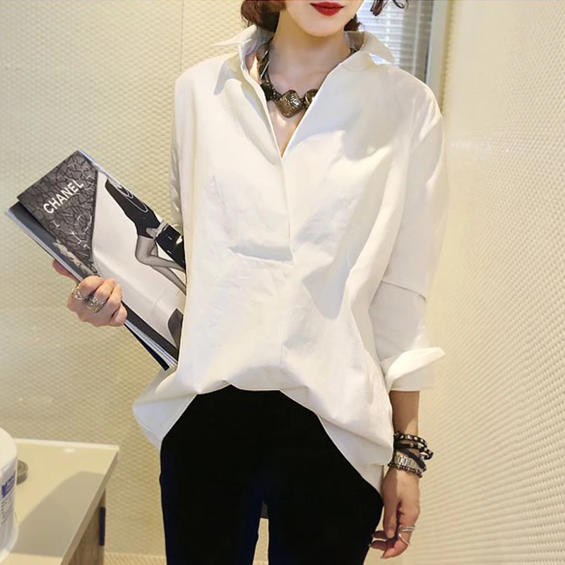 

Loose V-neck Long sleeve Cotton Solid Shirt Women's Tops White Vintage Blouse Women Lady Female Bluses Shirts Fashion 32C