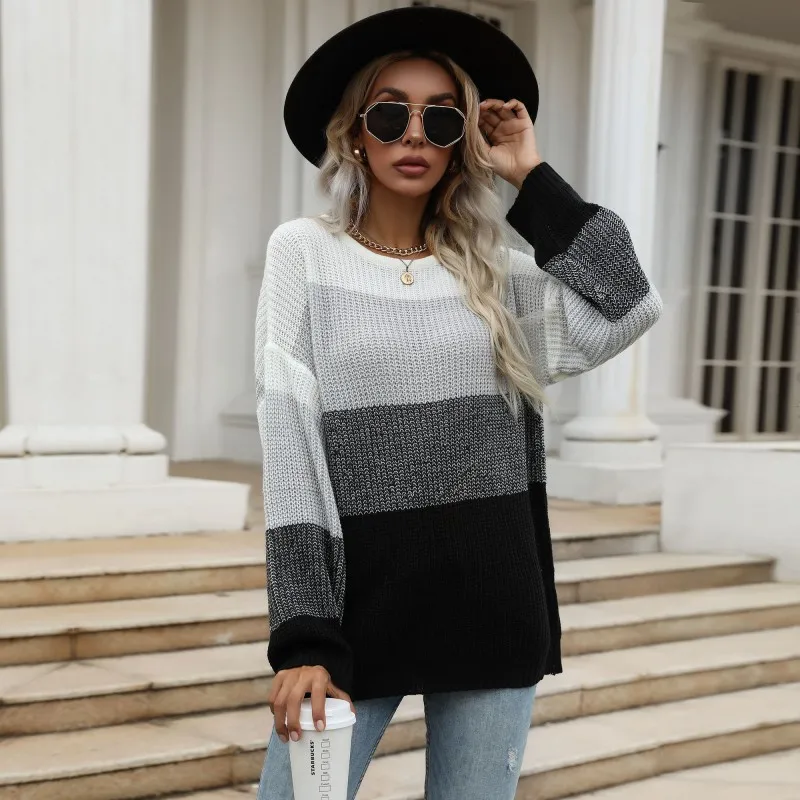 

Женский трикотажный свитер средней длины, осенне-зимний свитер с круглым вырезом и градиентными цветами в европейском и американском стиле