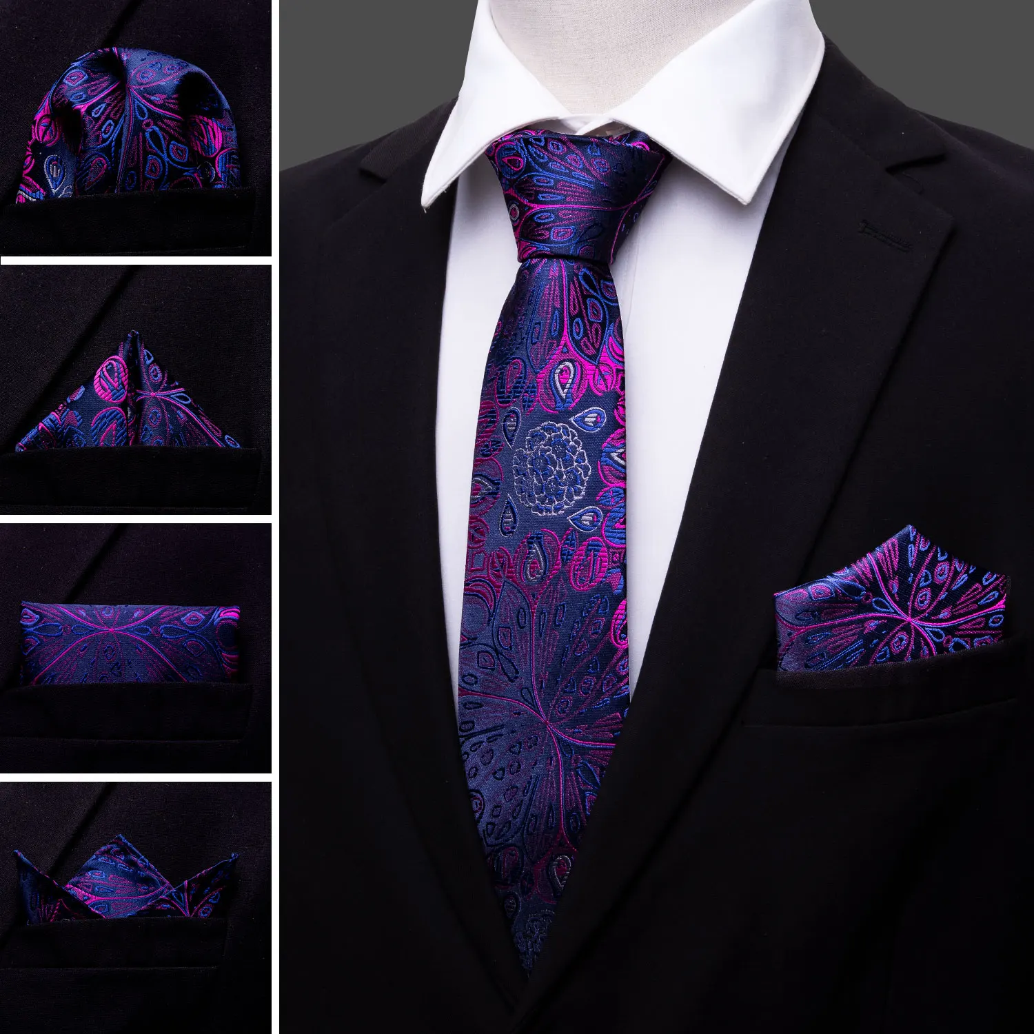 

LS-483 Hot Men`s Tie 100% Silk Purple Floral Jacquard Woven Classic Tie+Hanky+Cufflinks Set For Formal Wedding Business Party