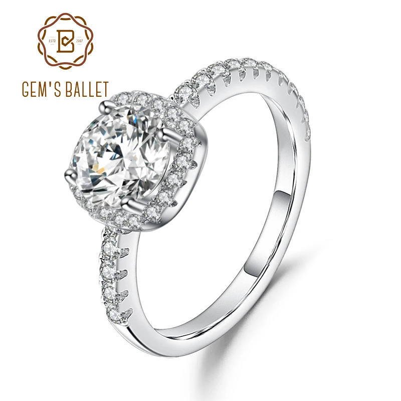 

GEM'S BALLET Cushion Halo Moissanite Engagement Ring For Women 925 Sterling Silver Fine Jewelry（2.0Ct 8mm EF color）