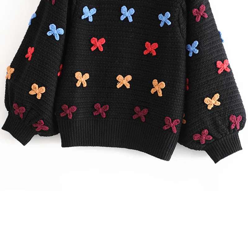 Женский трикотажный пуловер с рукавом-фонариком круглым вырезом | Женская одежда