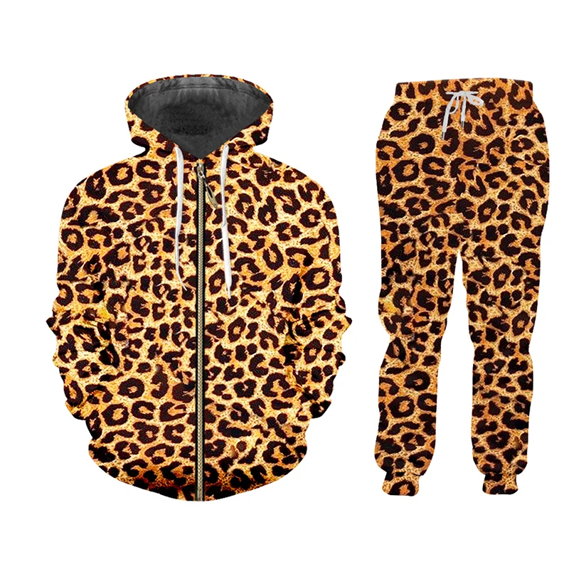 

UJWI Winter 3d Prin Leopard Fashion Zip Hoodies And Pants Men Couple Wear Funny Breathable Fitness Hoodie + Trousers Combo Suit