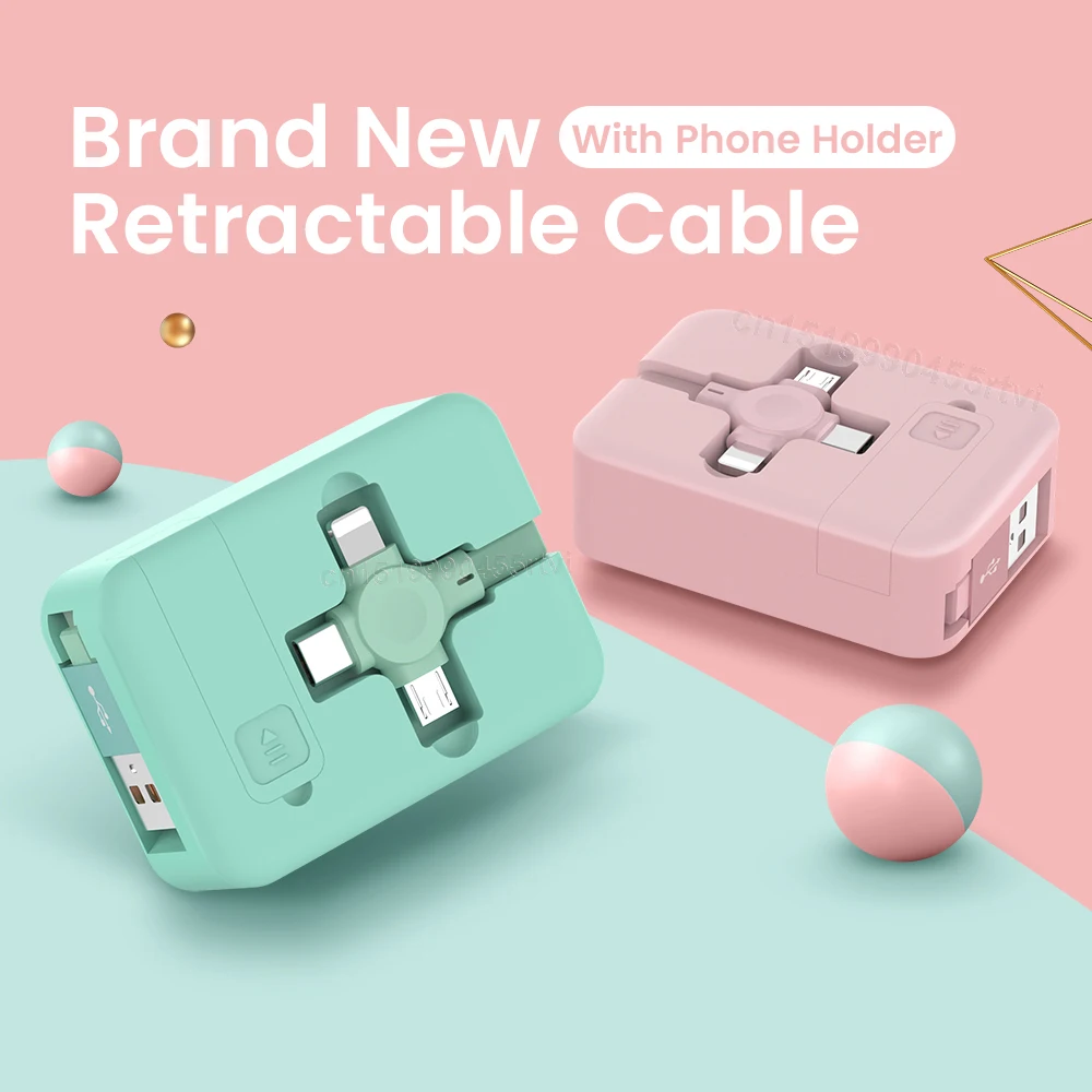  4 в 1 Выдвижной кабель USB Type-C Micro USB для iPhone 13 12 11 Pro Max с подставкой для телефона 3 в 1 2 в 1 кабель для зарядки и передачи данных 