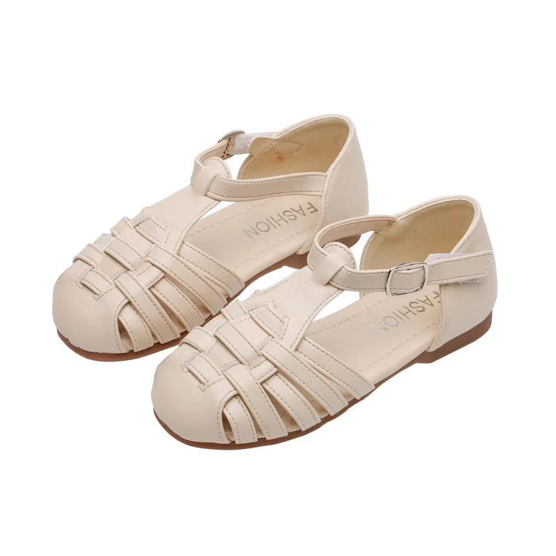 

2021 Summer Kids Shoes Girl Shoes Sandals Hook&Loop Solid Cover Toe Fashion Neutral Retro Rome Non-slip Hollow
