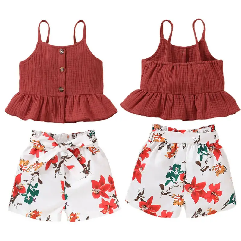 

Girls Summer Sleeveless Suit Baby Cute Solid Color Sling Lace White Printing Casual Loose Up Shorts Fashion Two Piece Set