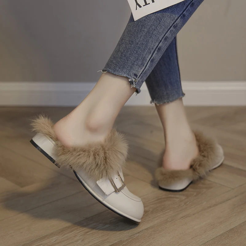 

Hairy Slippers Woman AutumnWinter Round Head Belt Buckle Muller Shoes Net Red Lazy Shoes Mid-Heel Rabbit Fur Baotou Half Slipper