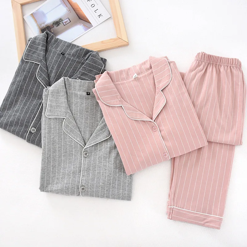 212 Autumn Winter 100% Cotton Pajamas Set Fresh Striped Sleepwear Women Nightwear Long Sleeve Pant Men Homewear Two-piece Suits