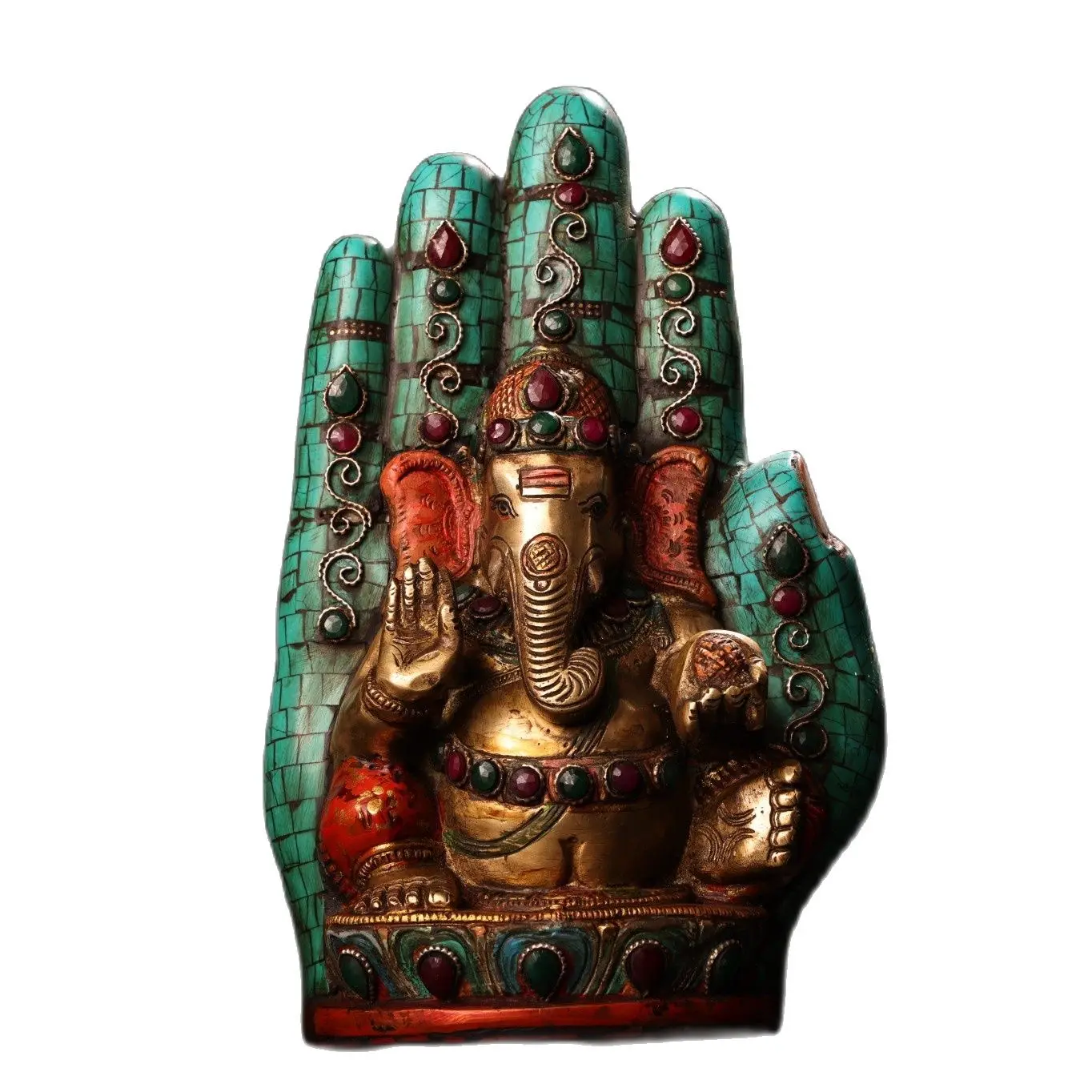 

Tibetan Tantric Buddhism handmade Buddha statue,inlaid gemstone bronze elephant trunk God of Wealth,Height 23cm,Long 14cm