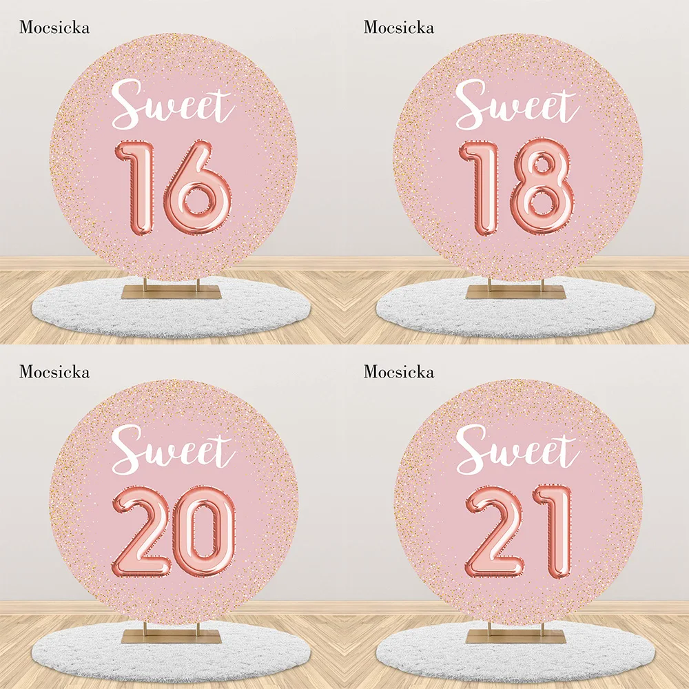 

Mocsicka Round Circle Birthday Backdrop Pink Sweet 16 18 20 21th Child Birthday Party Background Photocall Customize Table Cover