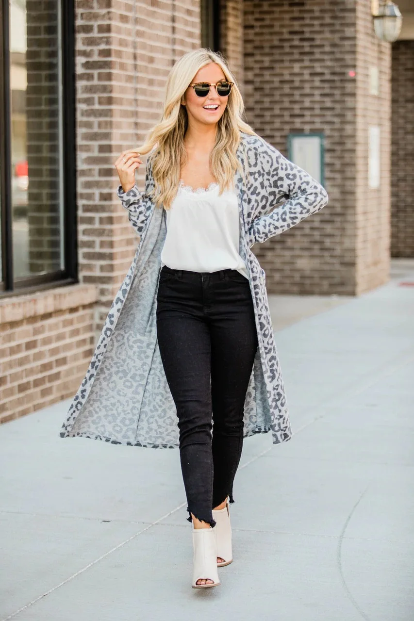 Осенне-зимняя одежда женский кардиган Леопардовый длинный свитер рукав Плюс