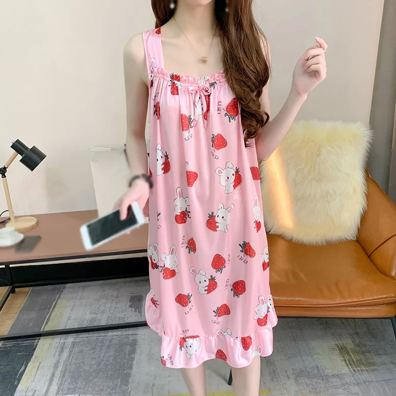 Ночная сорочка женская на бретельках пикантная Милая Домашняя одежда с милым