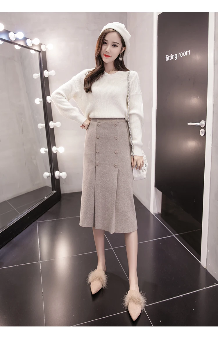 High Waist Stretch Knitted Skirt Women Elegant Double breasted Straight Long Skirts Female Autumn Winter Vintage Pleated Skirt