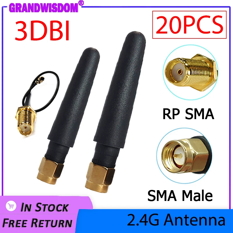 GRANDWISDOM 20pcs 2.4G antenna 3dbi sma male wlan wifi 2.4ghz antene IPX ipex 1 SMA female pigtail Extension Cable iot antena
