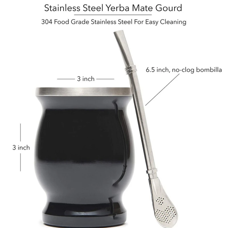 

Double-Wall Stainless Steel Black 8Oz Tea Cup Set Includes Straw Spoon And Brush