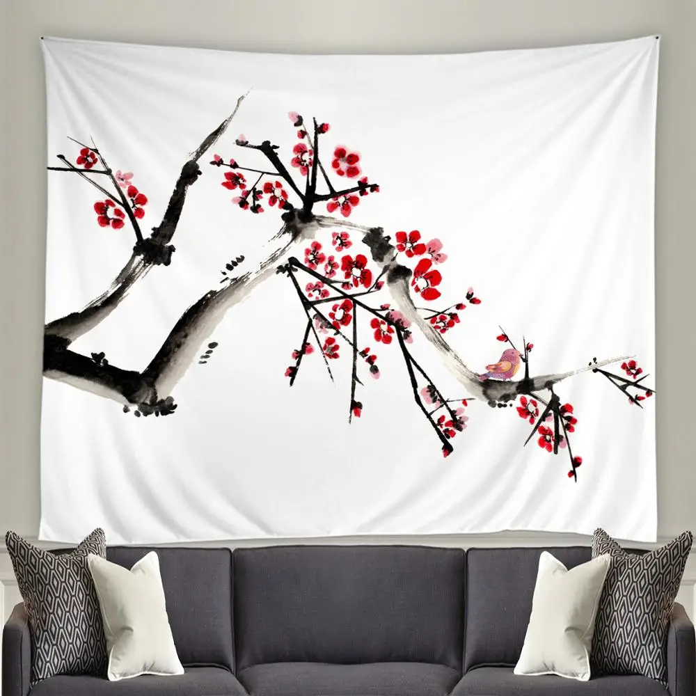 Чернильная живопись растения цветы гобелен цветение сливы бабочка пейзаж