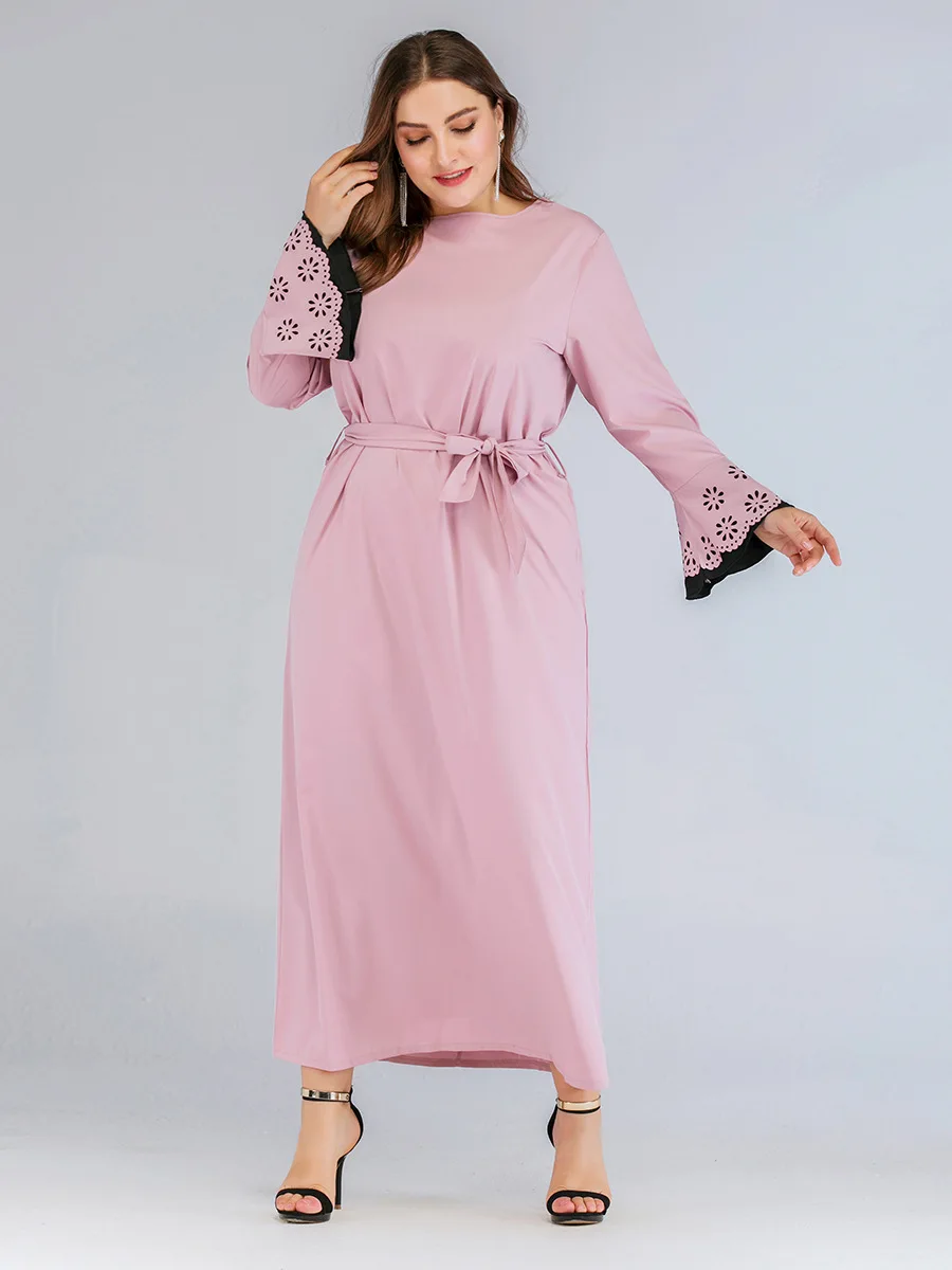 New spring autumn plus size long dress for women large loose casual sleeve elegant O neck dresses belt pink 4XL 5XL 6XL 7XL | Женская