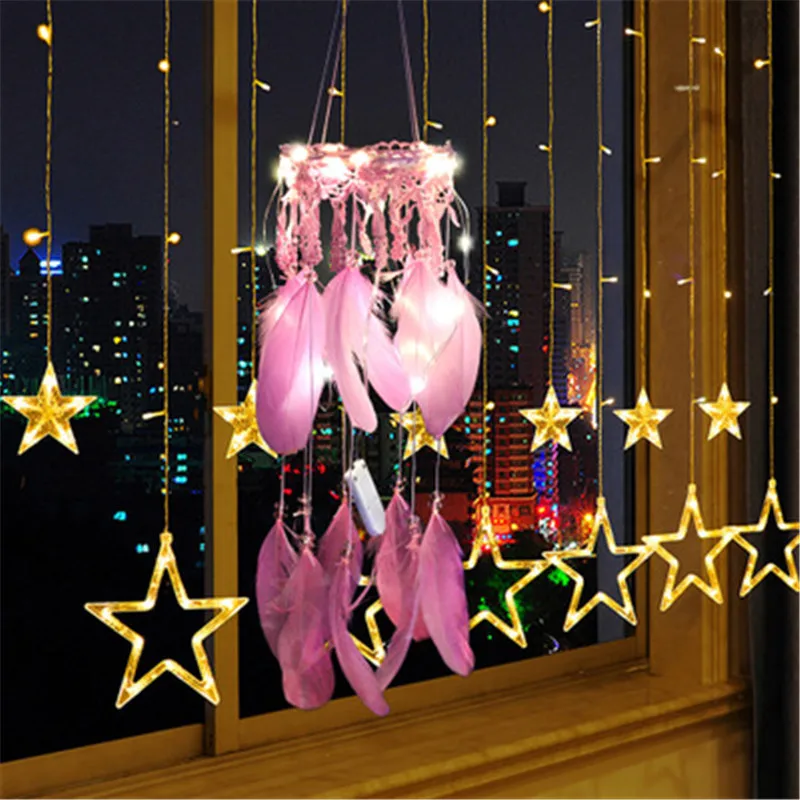 Розовое перо Ловец снов на стену висящий ветер куранты LED ремесла Лаки ночные