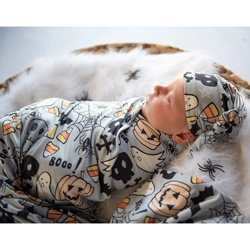 

2 Pcs Newborn Printing Receiving Blanket+Beanie Hat Set Baby Infants Swaddle Wrap Knotted Bonnet Cap Kit Shower Gifts