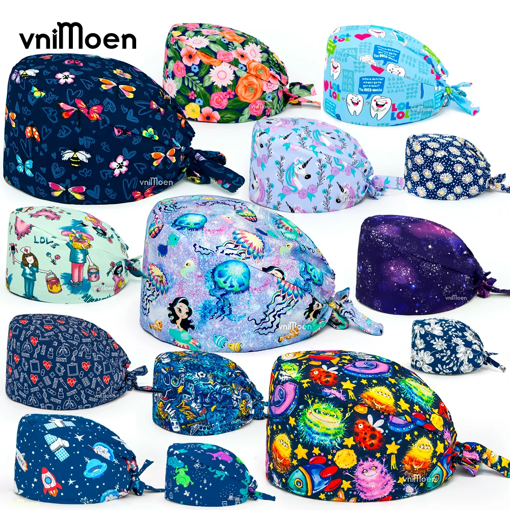 Синяя серия, хирургическая шапочка с цветочным рисунком, гигиеническая шапочка с повязкой, мультяшный принт, шапочка для кормления, эластичная шапочка