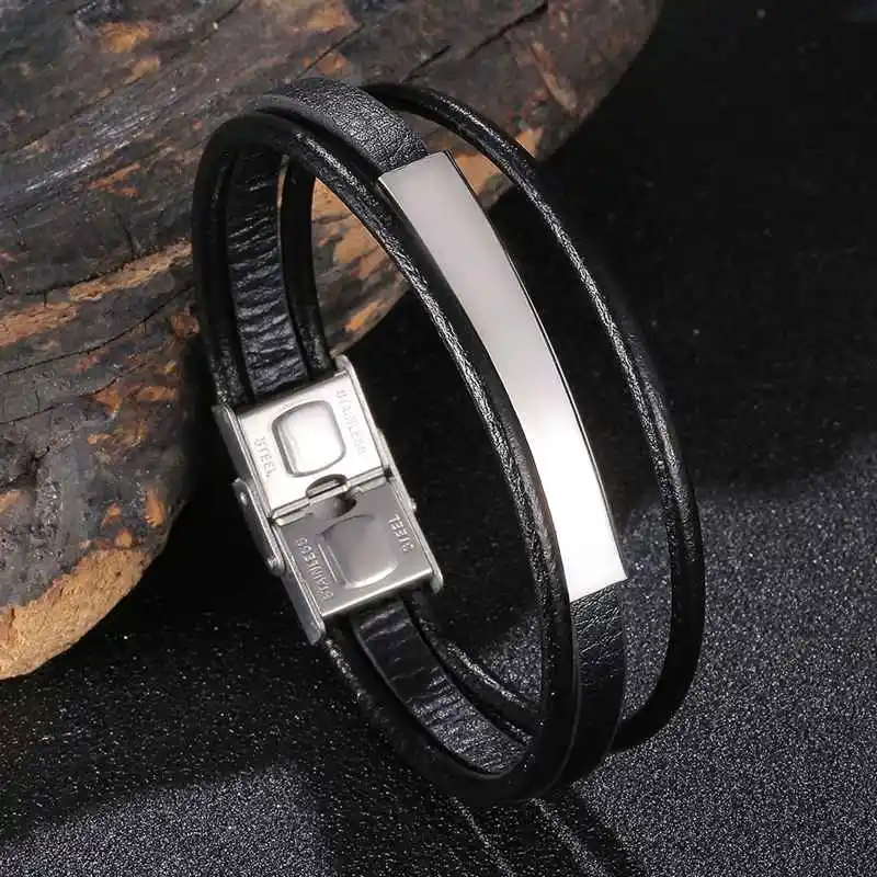 

New 3 Layers Leather Men Women Bracelets Trendy Annulus Stainless Steel Chain Link Cuff Charm Bracelets BB1149