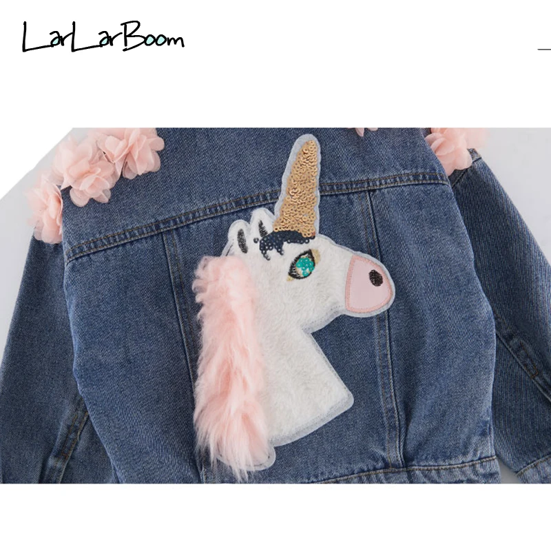 LarLarBoom Denim Jacket for Girls Coats 2019 New Autumn Unicorn Pattern Long Sleeve Baby Outerwear Jean Child | Детская одежда и