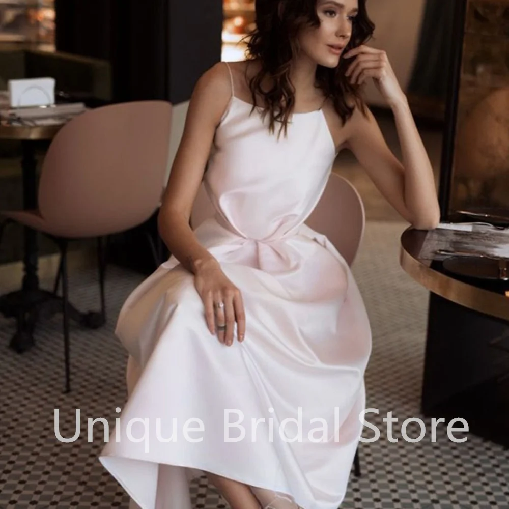 

Simple Mid-Calf Wedding Dress A-Line Boat Neck Spaghetti Straps Sleeveless Backless Bridal Gowns 2021 Vestido De Noiva