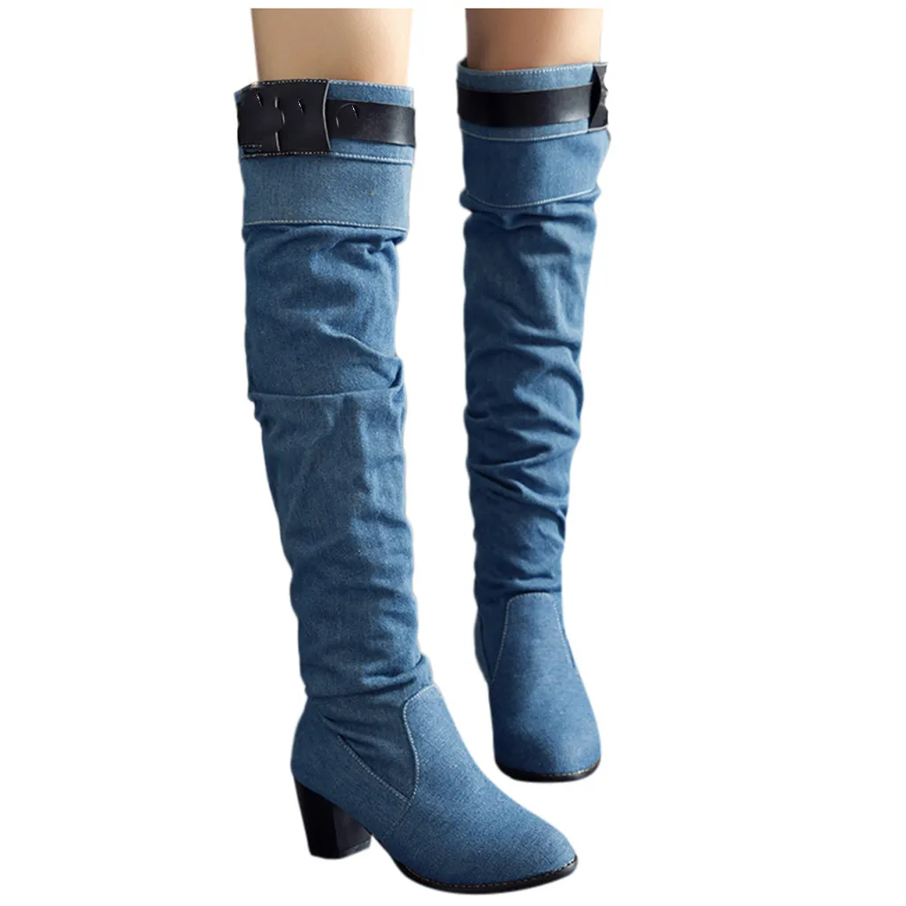 Сапоги до колена ботинки с высоким голенищем Модная женская джинсовая обувь