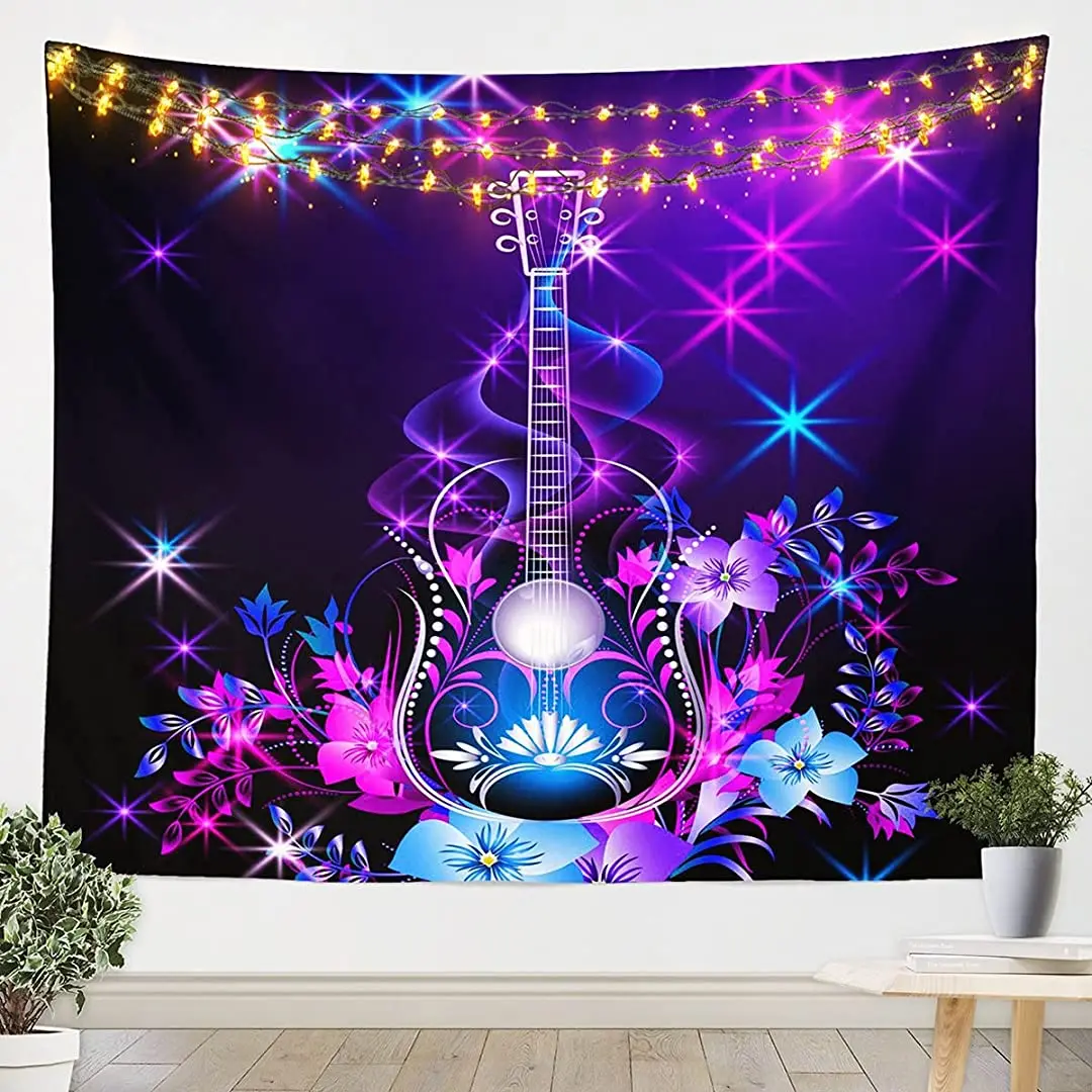 

Manfei Guitar Wall Hanging for Kids Boys Girls Purple Pink Blue Flower Decor Wall Tapestries Music Theme Tapestry Microfiber