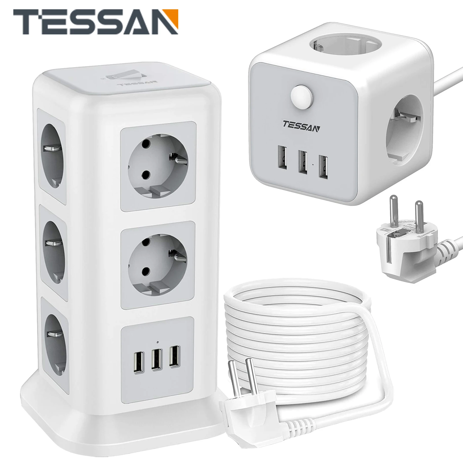 

TESSAN Vertical Power Strip Tower 11 AC Sockets (2500 W / 10A), Power Strip with 3 USB Ports, 2M Cable and Power Switch for Home