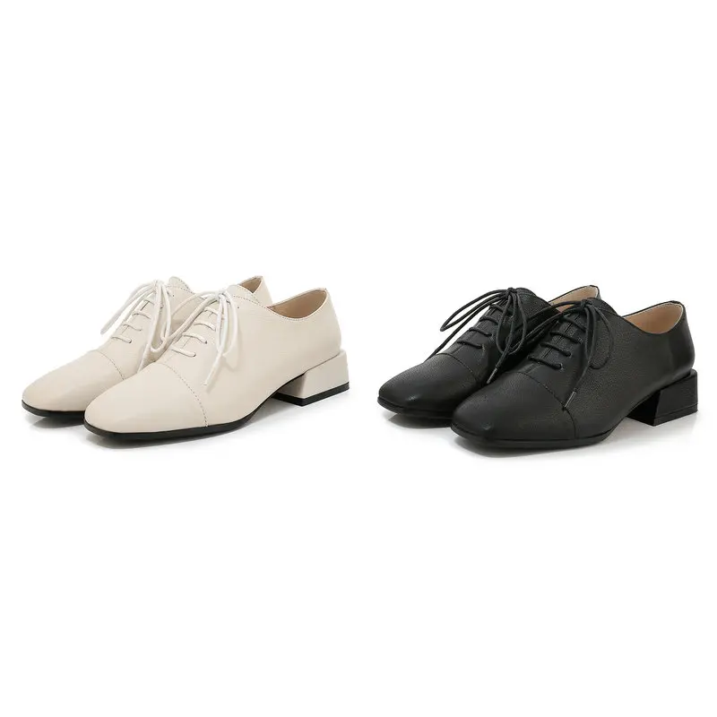 

Square Heel Lace-up Women Pumps Genuine Leather Round Toe Elegant Comfortable Spring Autumn Shoes for Women New