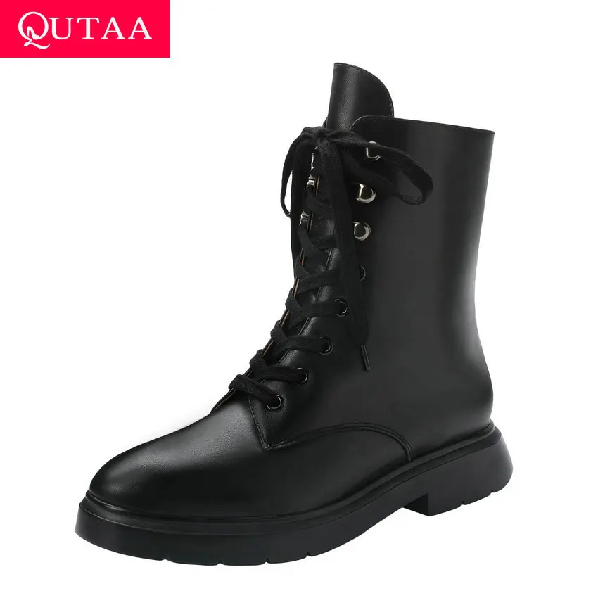 Женские ботильоны на шнуровке QUTAA черные повседневные ботинки из коровьей кожи с