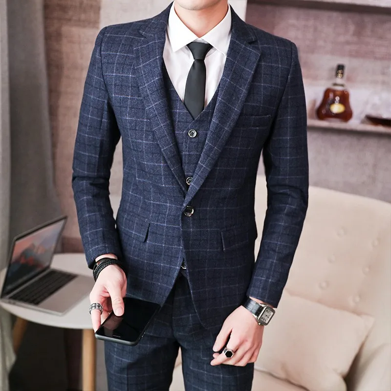 

2021 Mens Three Piece Formal Office Business Plaids Suit Wedding Groom Suits Male Plus Size M-5XL Dress Suit (Blazer+Vest+Pants)