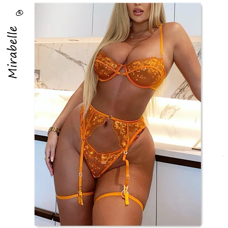 

Красивое чувственное женское нижнее белье MIRABELLE, Прозрачное нижнее белье, эротические подвязки, комплекты из 3 предметов, оранжевый кружевн...