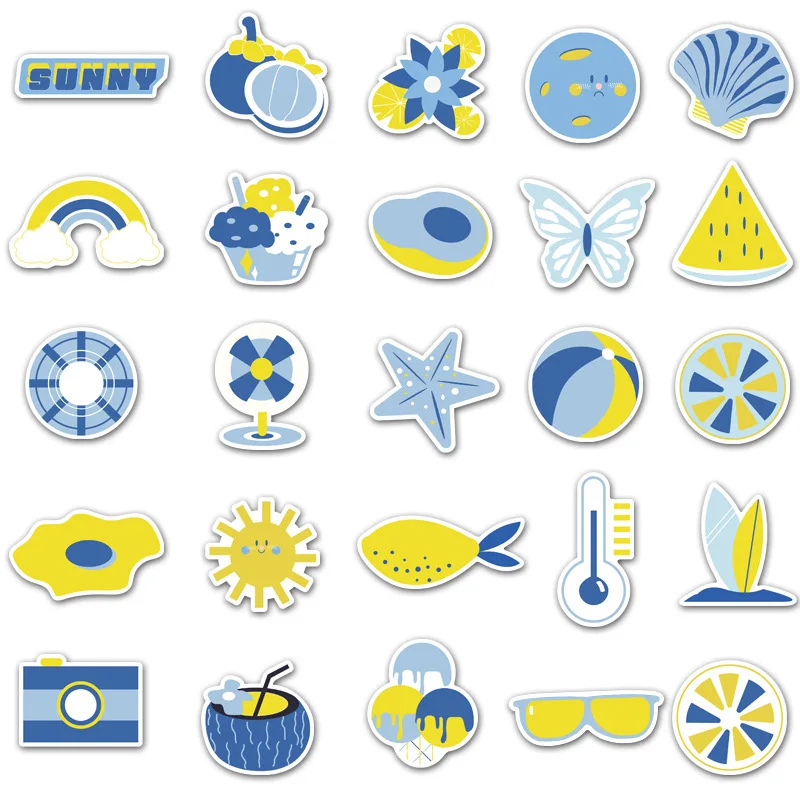 

New50Pcs Japanese Blue Summer Cute Bright Little Fresh Sticker For Refrigerator Suitcase Scrapbooking DIY Children's Toy Sticker