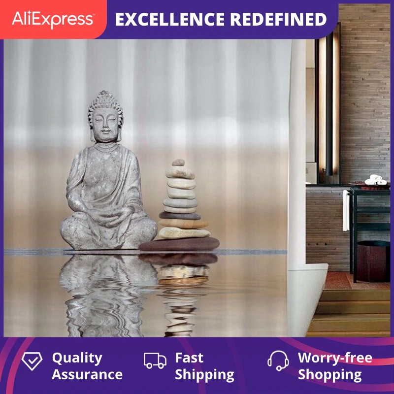 Душевая занавеска с изображением Будды и гальки водонепроницаемая из полиэстера