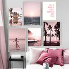Настенная картина с розовым закатом автобус пляж море пальмы скандинавские плакаты и принты Настенная картина на холсте настенные картины для декора гостиной