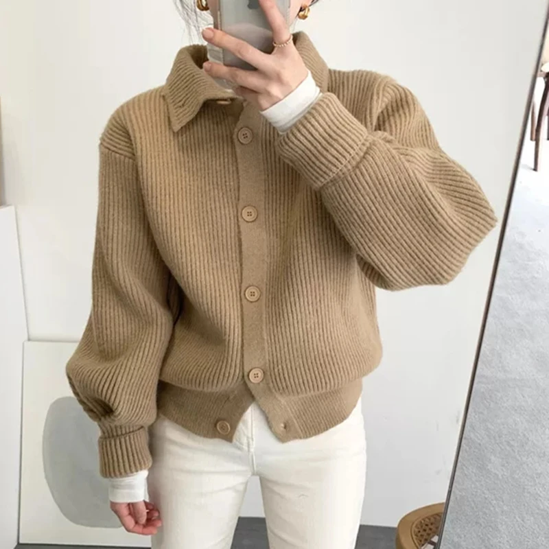 

Casual Thicken Loose Turn Down Collar Women Cardigans Sweater Autumn Winter Long Sleeve Single-breasted Female Korean Knit Tops