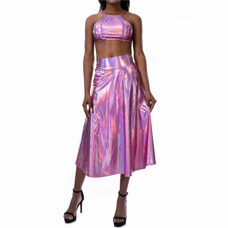 Shiny Holographic Two Piece Set Women Halter Criss Cross Bandage Crop Top Wet Look Sexy Long Skirt Party Night Club 2 Pcs Outfit | Женская