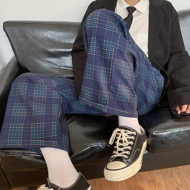 

Men's Casual Pants Loose Printed Plaid Straight Wide-leg Pants Japanese Style Nine-point Male Trousers Fashion Spring And Autumn