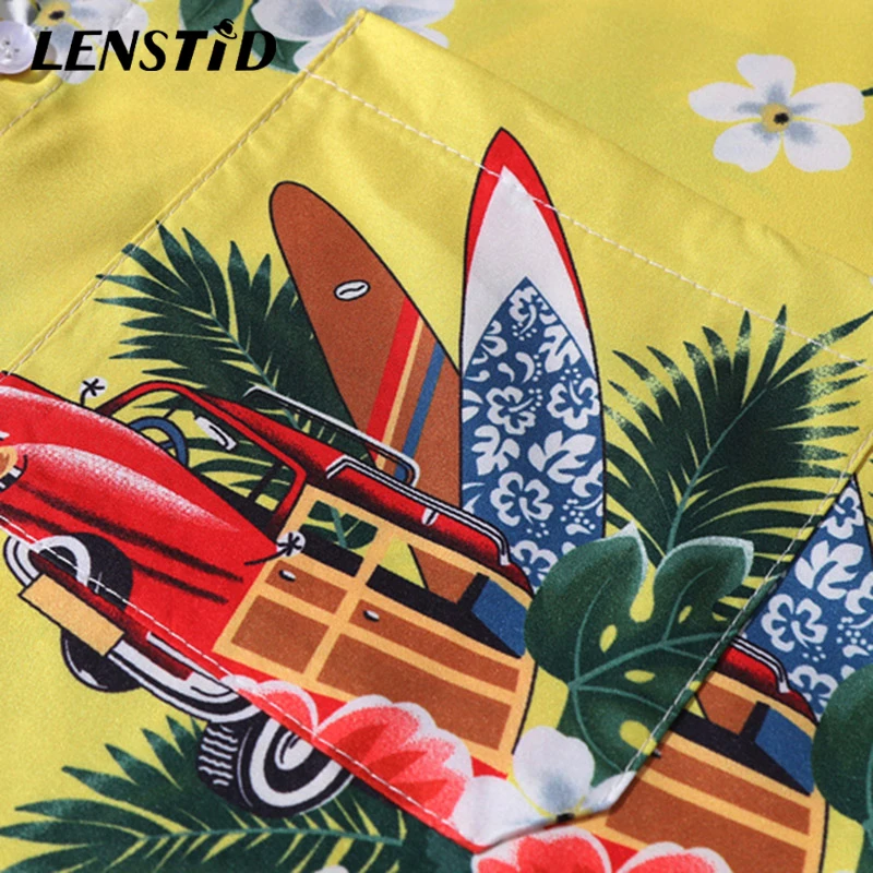 LENSTID 2020 Men Hawaiian Shirt Yellow Hip Hop Streetwear Harajuku Floral Beach Top Short Sleeve Summer Aloha Shirts | Мужская одежда