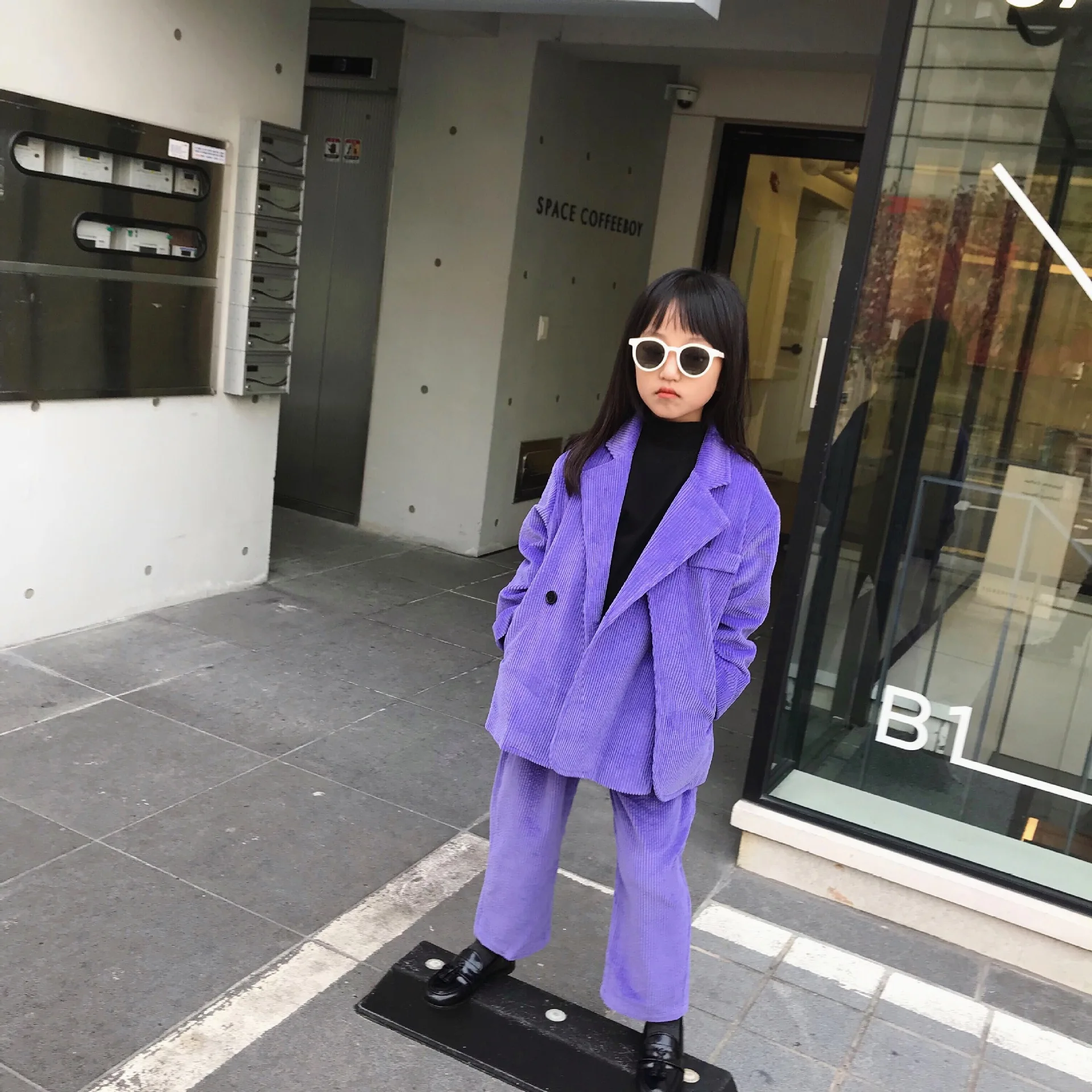 Вельветовый костюм для девочек Осенняя детская одежда фиолетовый утепленный