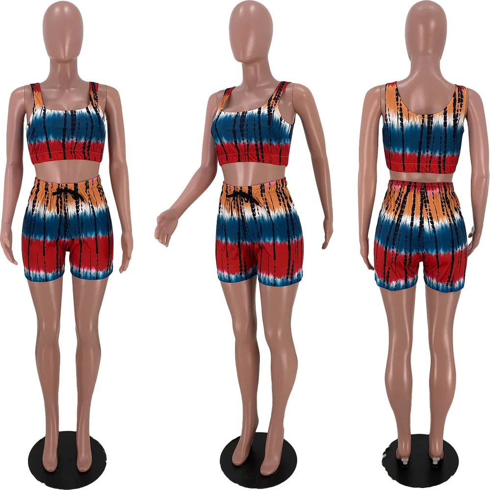 

Activewear Workout Sporty 2 Two Piece Tracksuit Women's Costumes Sleeveless Crop Tank Top and Drawstring Biker Short Sweatsuits