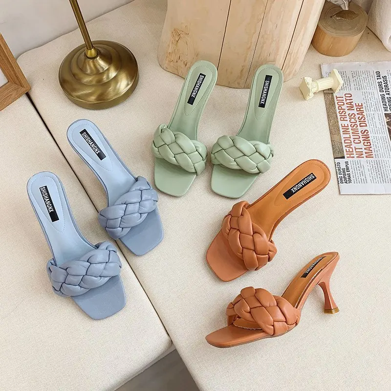 

Weave Designer Women Slipper Ladies Thin High Heel Sandal 2020 New Summer Slip-On Open Toe Brown Outdoor Slides Flip Flop Shoe