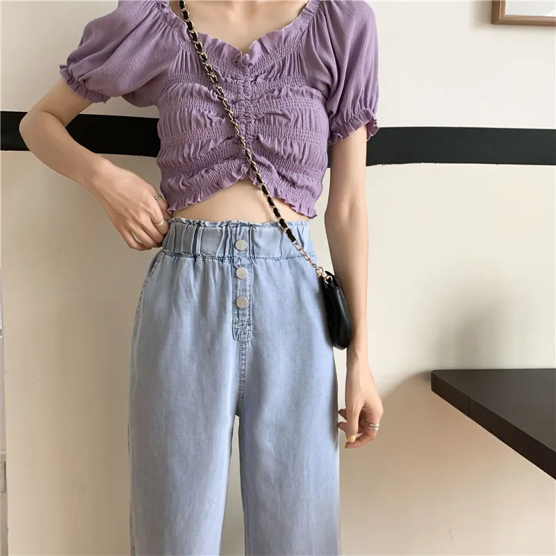 

Jeans Women Ulzzang Elastic Blue Waist Retro Single Breasted Breathable Daily Trendy Full Length Wide Leg Trousers for Womens