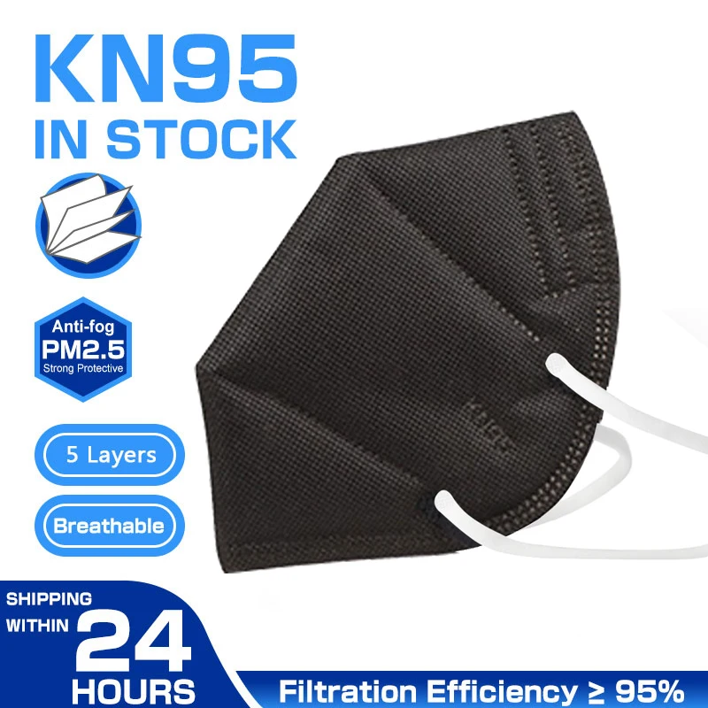 

Пылезащитные противотуманные и дышащие маски для лица Black KN95, фильтрация 95%, маски для рта, 5-слойная маска для рта, быстрая доставка