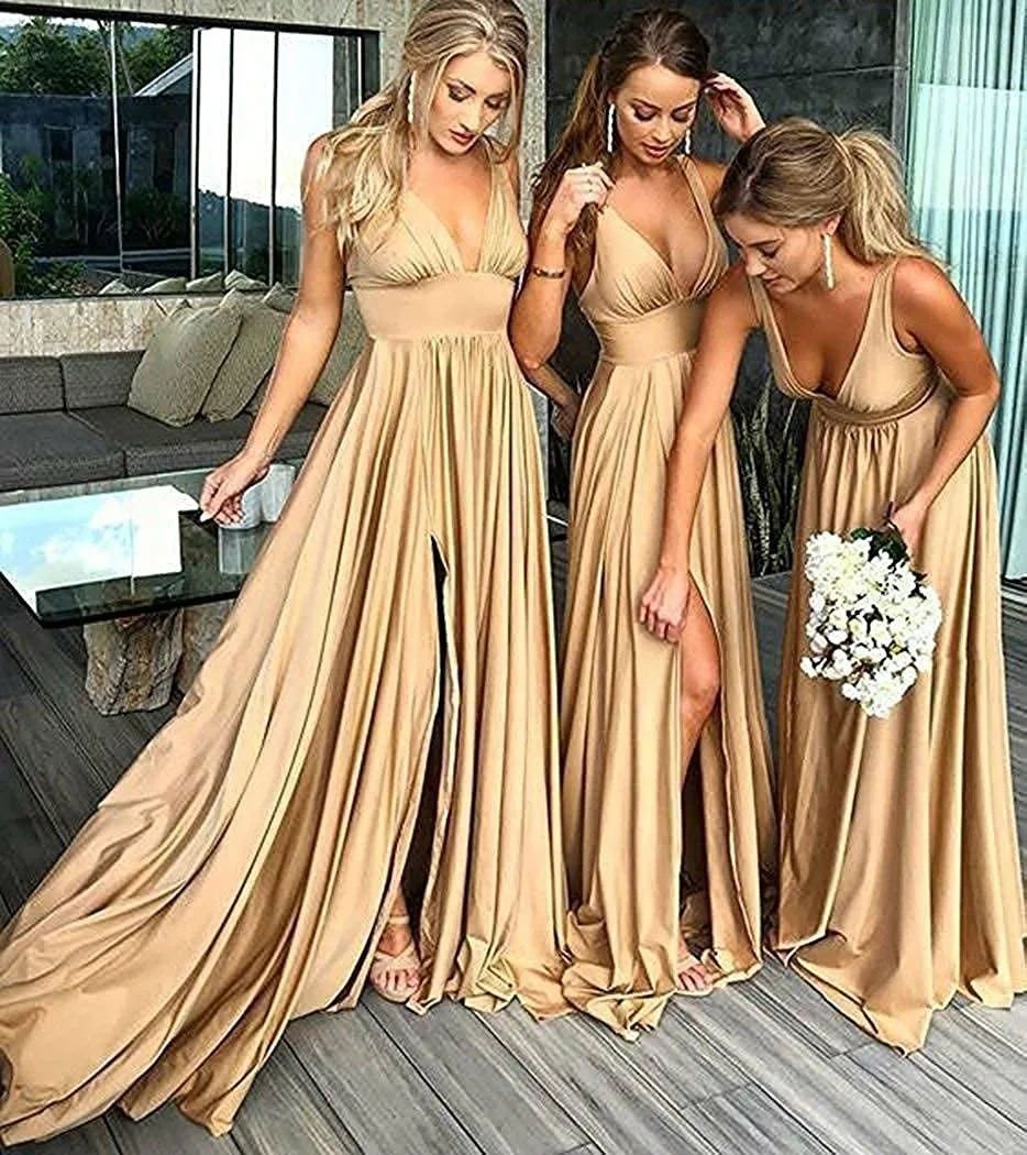 Brautjungfer Kleider Lange V Neck Backless Split Prom Kleider für Frauen 
