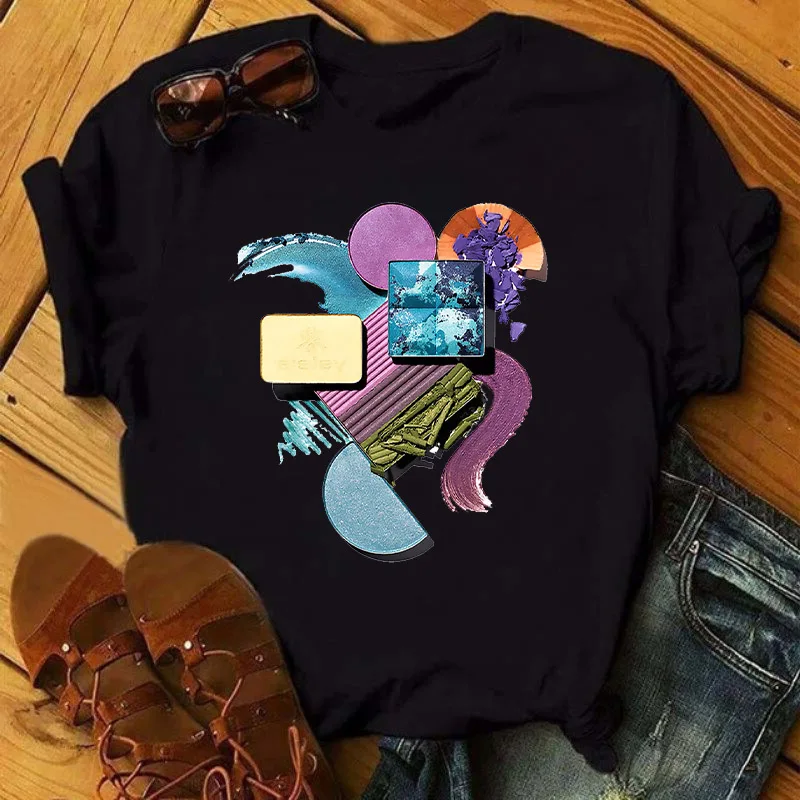 

Clothes for Women Sweet Short Sleeve Cartoon Funny Summer Tee-Shirt Tees Female Clothing Tops Black Colorful Nail Polish