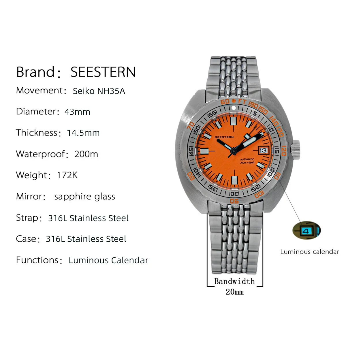 Top Brand Diver Watch Men SUB300T Automatic Mechanical Sapphire Glass Luminous Date 200m Turn Bracelet Seestern Wristwatch Retro images - 6