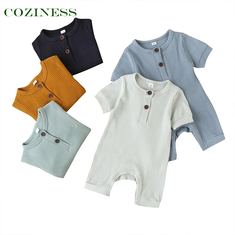 

COZINESS Pure Color 100% Cotton Short Sleeves Baby Rompers Summer Crew Neck Thin Child Clothes One Piece Jumpsuit