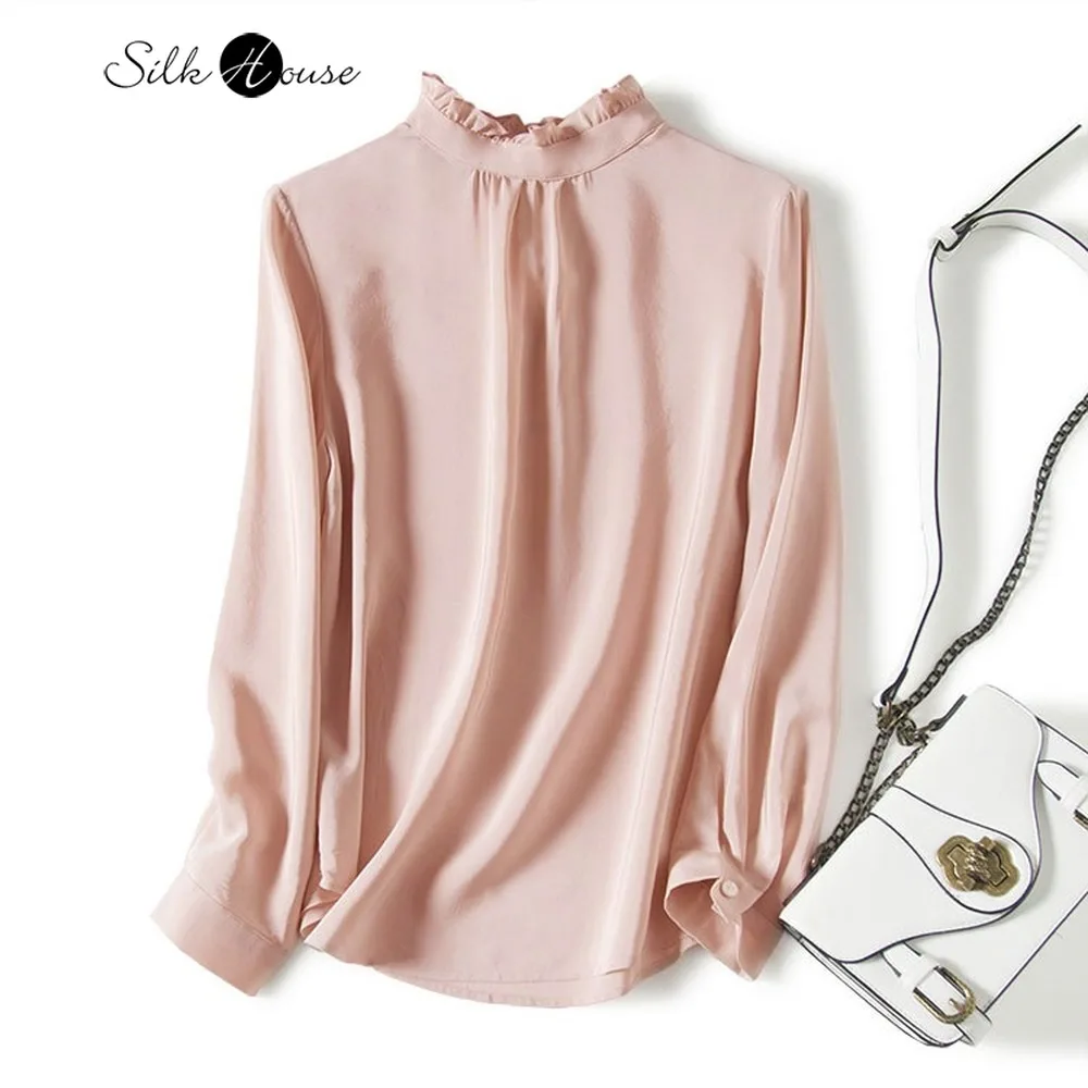 

Женская рубашка с длинным рукавом, светильник-розовая рубашка из шелка тутового шелкопряда с деревянными ушками и воротником-стойкой, 2021